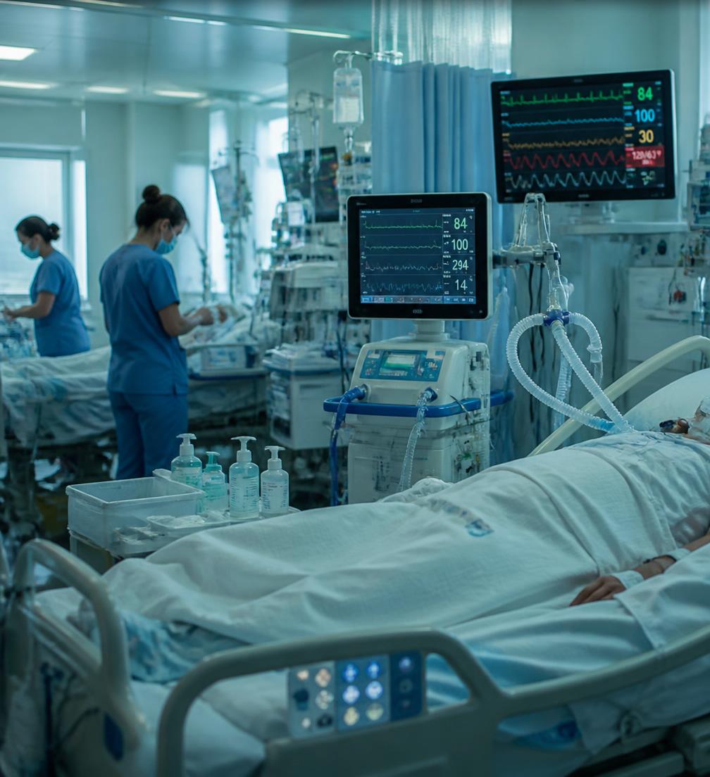 Cardiac intensive care unit with ventilators and monitoring